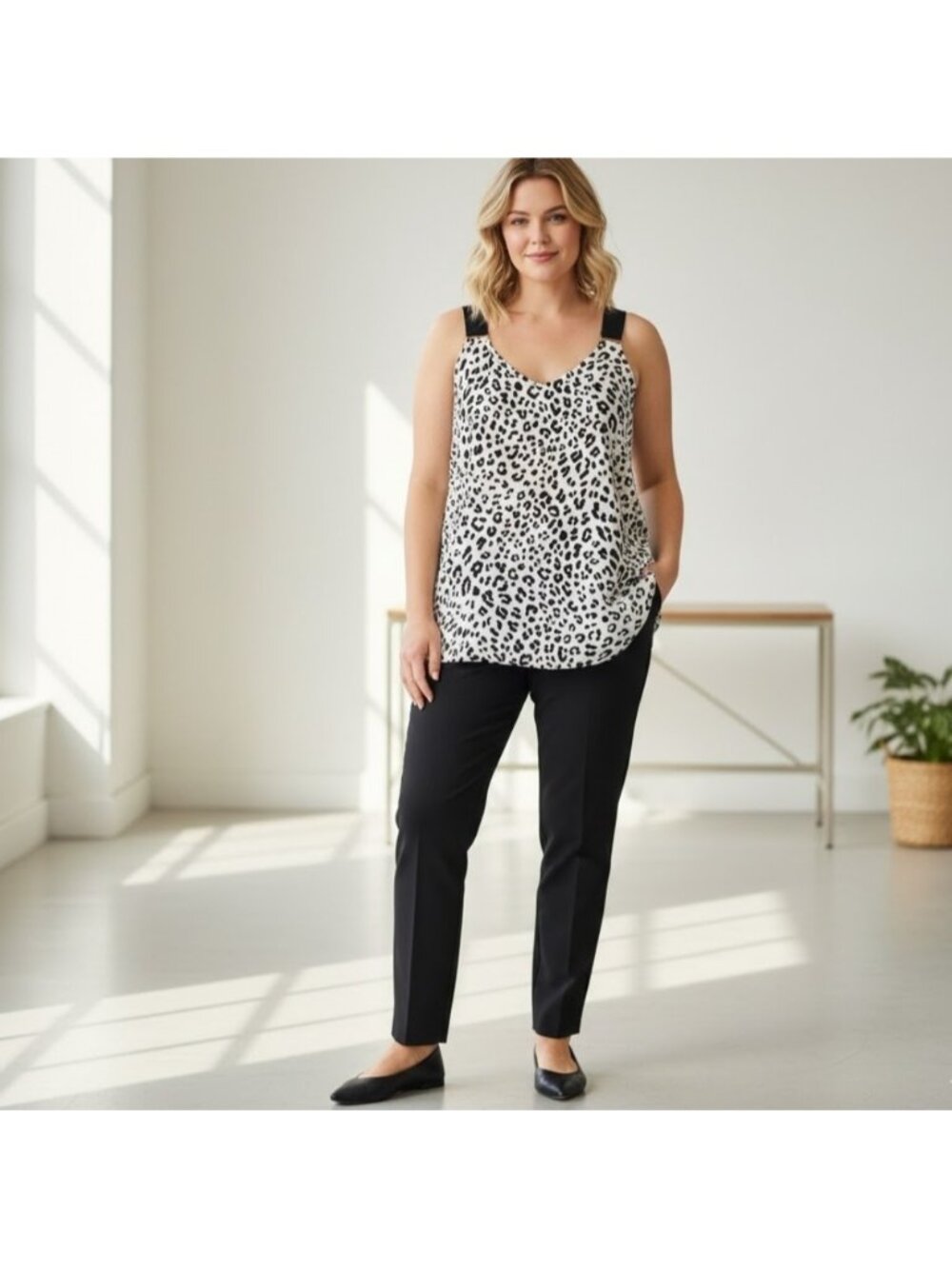 Michel Studio Black White Polka Dot Tank Top Blouse Size 24 Flowy Office Casual